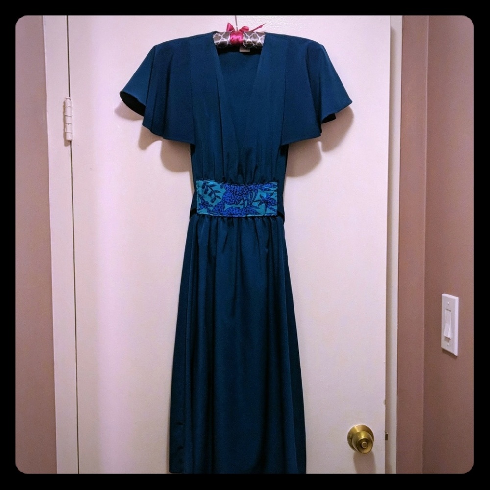 Designer hand made teal dress knee length a-line